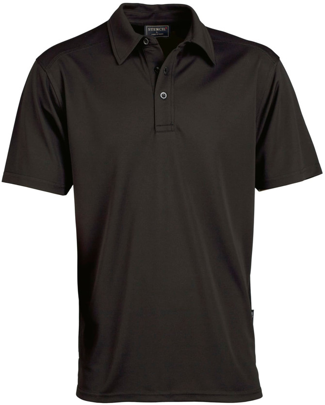 A black polo shirt with a collar and three-button placket, featuring a small logo on the chest.