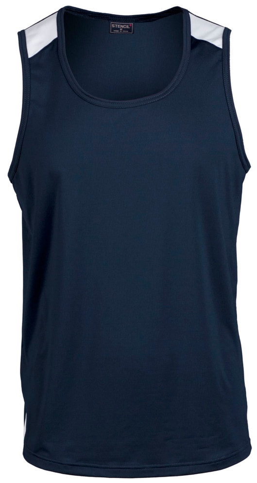A men's team singlet in navy with white accents and a logo on the upper part.