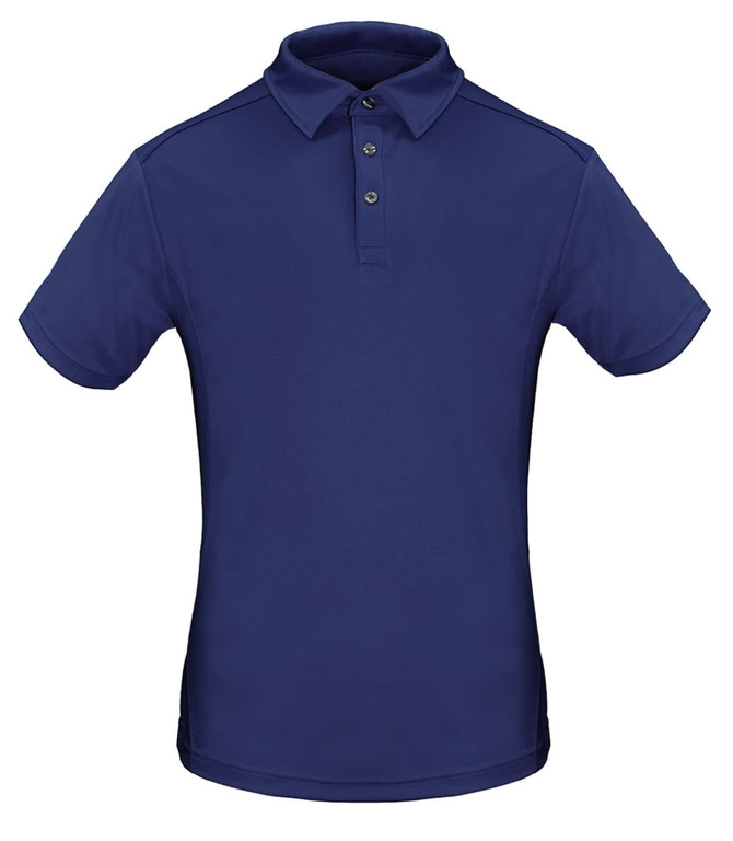 A navy blue men's polo shirt featuring a collar and three buttons, with a logo on the chest.
