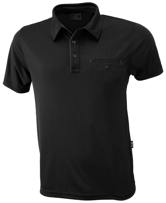 A black polo shirt with a collar, short sleeves, and a small pocket. It features a logo on the fabric.