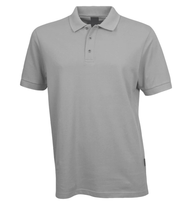 A light grey polo shirt with a collar, featuring a three-button placket and a logo.