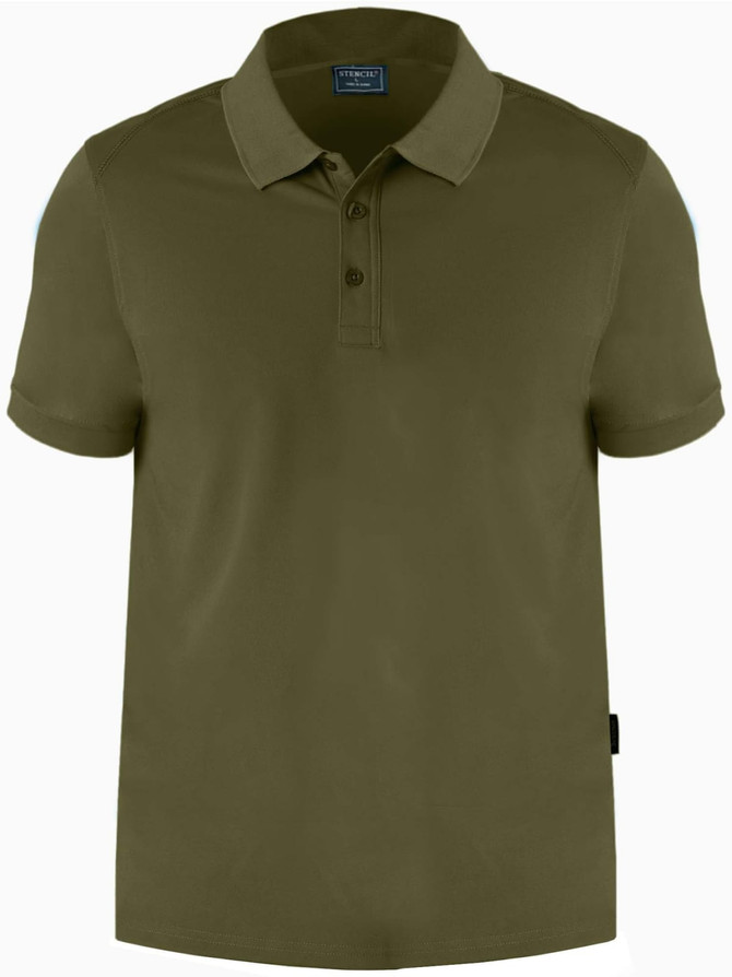 A dark green polo shirt with a collar and three buttons, featuring a logo on the side seam.
