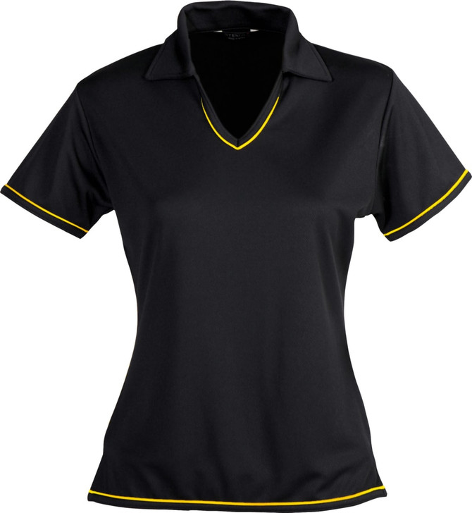 A black polo shirt for ladies with yellow trim and a classic collar. It features a logo on the chest.