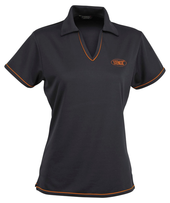 A black polo shirt for ladies with orange trim and a logo on the chest.