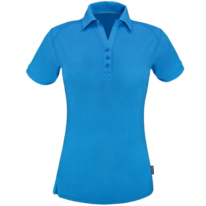 A ladies' polo shirt in bright blue with a collared neck and a button placket. It features a logo on the side.