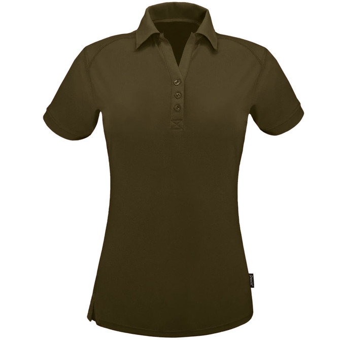 A ladies' polo shirt in dark olive green with a collar and button placket, featuring a branding logo.