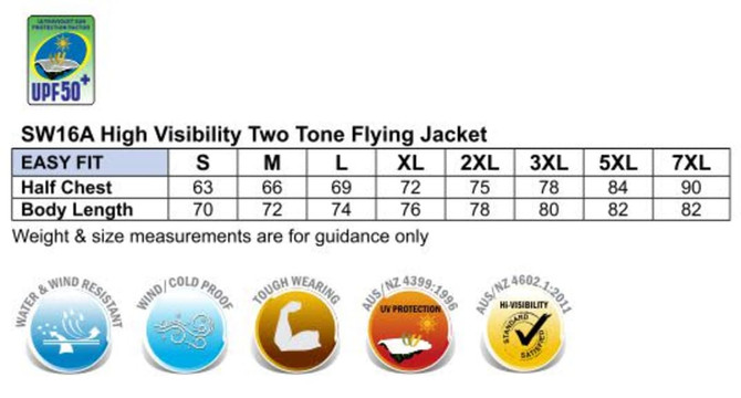 A high visibility two-tone flying jacket in vibrant colours, featuring a logo and size measurement chart.