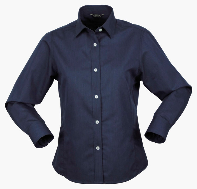A navy long-sleeve button-up shirt for ladies featuring a collar and a logo on the fabric.