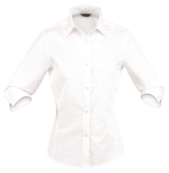 A white 3/4 sleeve button-up shirt featuring a fitted design and a collar, with a logo on the label.