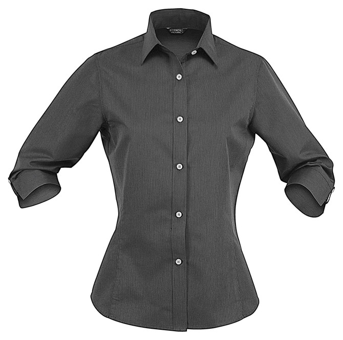 A dark grey button-up shirt with 3/4 sleeves and a fitted design. It features a collar and a logo.