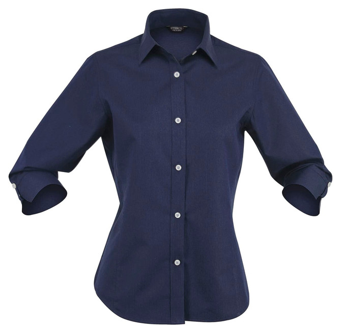 A navy blue button-up shirt with 3/4 sleeves and a fitted design, featuring a brand logo.