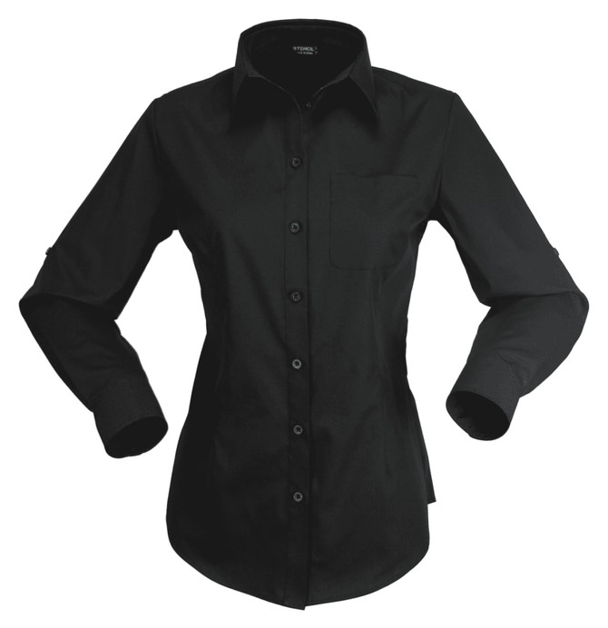 A black long-sleeve button-up shirt for ladies with a chest pocket and a logo.
