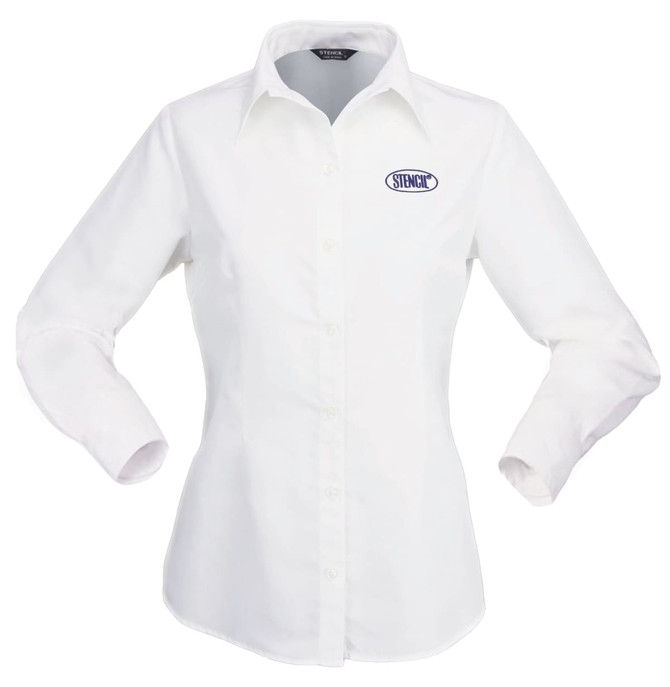 A white button-up shirt for ladies with long sleeves and a logo on the chest.