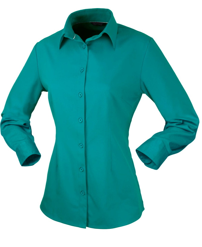 A turquoise long-sleeve button-up shirt for ladies, featuring a classic collar and fitted sleeves.