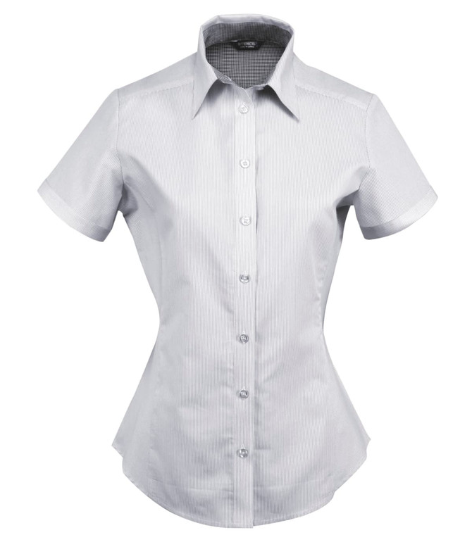 A short-sleeved, fitted ladies' button-up shirt in light grey with a subtle striped pattern and a collar.
