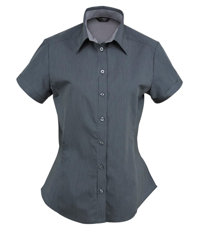 A short-sleeved, button-up ladies' shirt in grey with a subtle striped pattern and a collar.