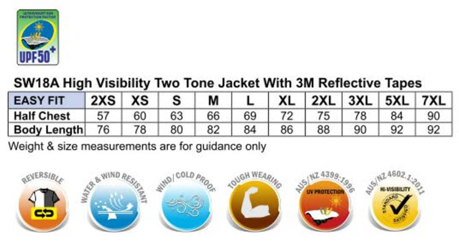 A high-visibility two-tone rainproof safety jacket with reflective tapes, featuring various size measurements.