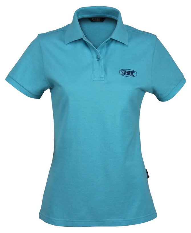 A light blue ladies' polo shirt with a collar and a logo on the chest.