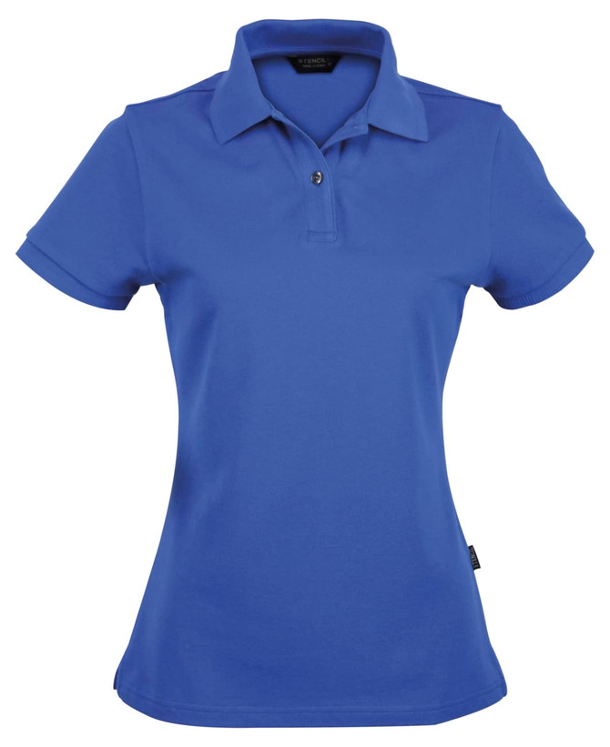 A ladies' polo shirt in a vibrant blue colour, featuring a collar and a button placket, with a logo on the chest.