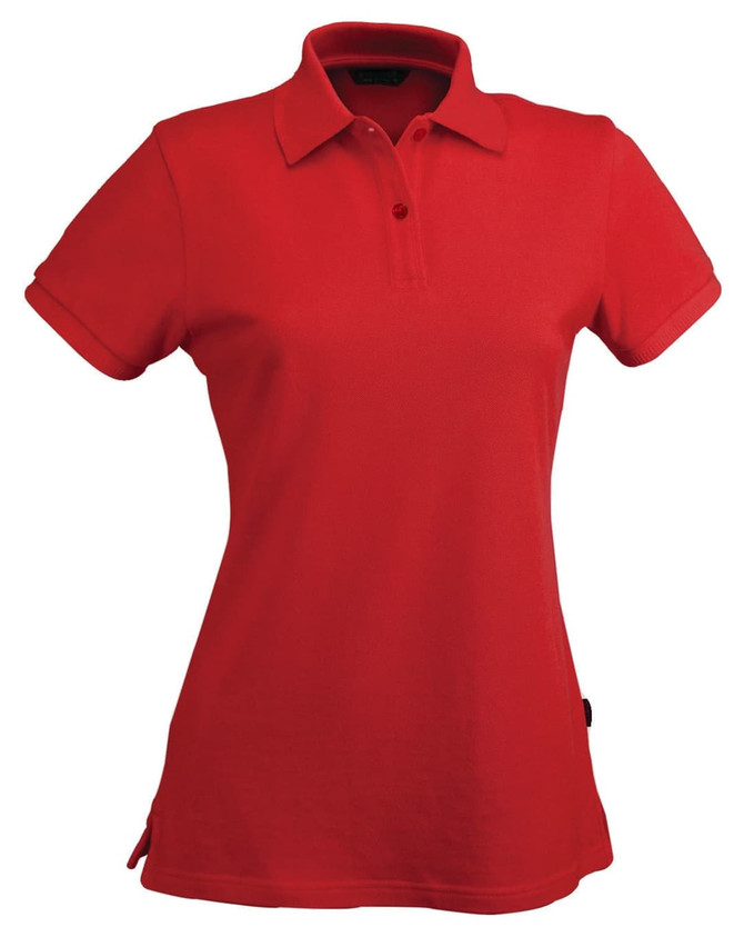 A red ladies' polo shirt featuring a collared neckline and short sleeves, with a branding logo.