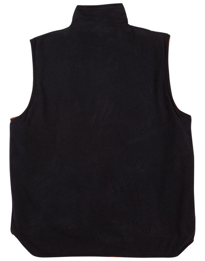 A reversible black safety vest with an orange interior, featuring 3M reflective tape and a logo.