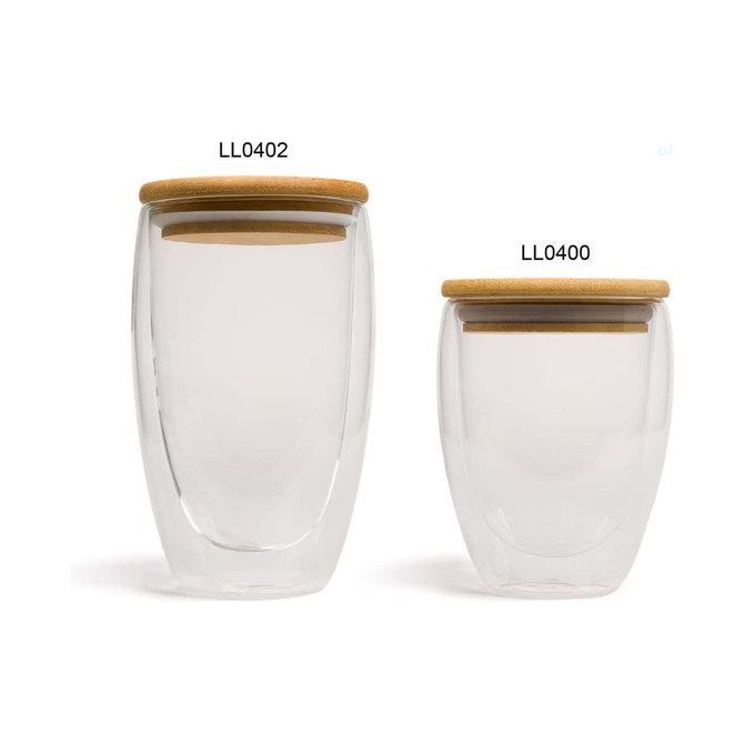 A drink bottle featuring clear double wall glass with a bamboo lid, displayed in two sizes.