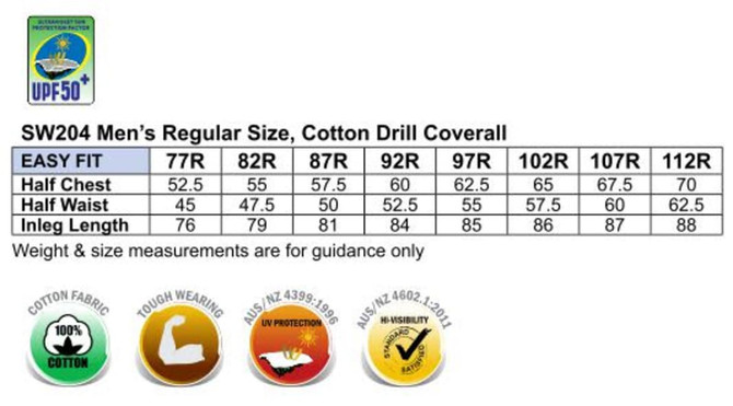 A size chart for a Hi-Vis Two Tone Men's Cotton Drill Coverall in various measurements and sizes. Features a logo.