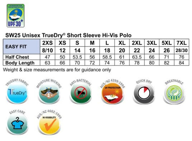 A hi-vis short sleeve polo in several sizes, featuring a logo and various care/technology icons.