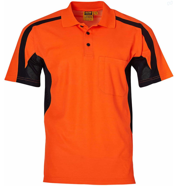 An orange short-sleeve safety polo shirt featuring black side panels and a chest pocket. It includes a logo.