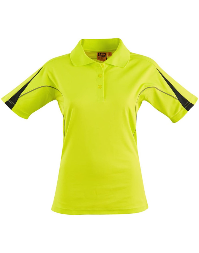 A ladies' short-sleeve polo shirt in fluorescent yellow with black accents and a logo.
