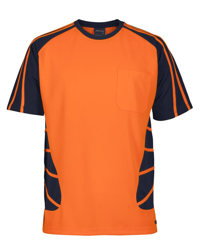 An orange and navy work t-shirt featuring a pocket and contrasting side panels. It has a logo on the front.
