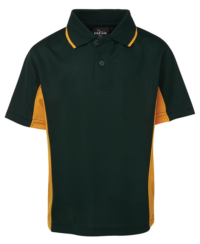 A green and gold polo shirt with a collared neckline and short sleeves. It features branding on the collar.