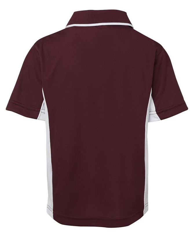 A maroon polo shirt with white accents and a collar, featuring a logo on the front.