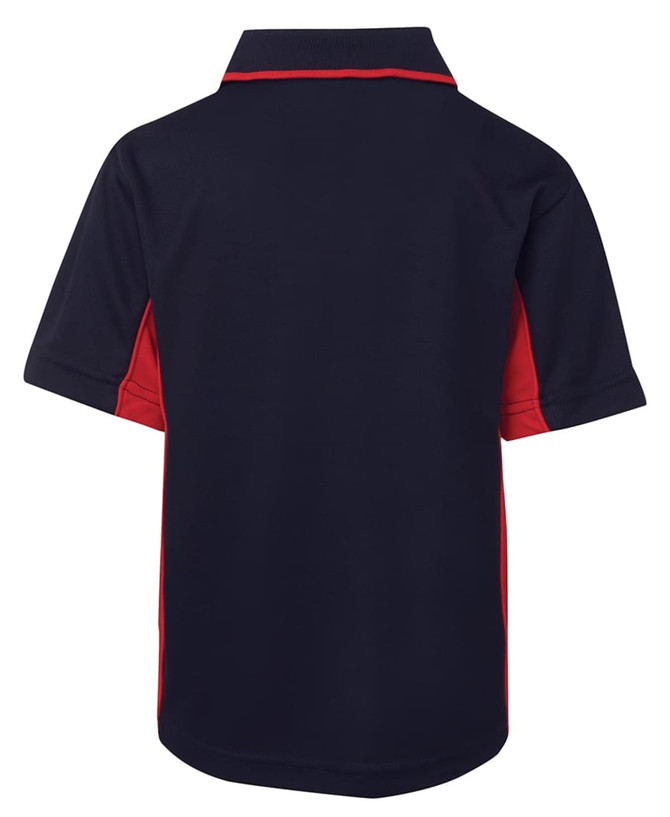 A navy and red polo shirt featuring a collar and short sleeves. The back view highlights contrasting colours and a logo.