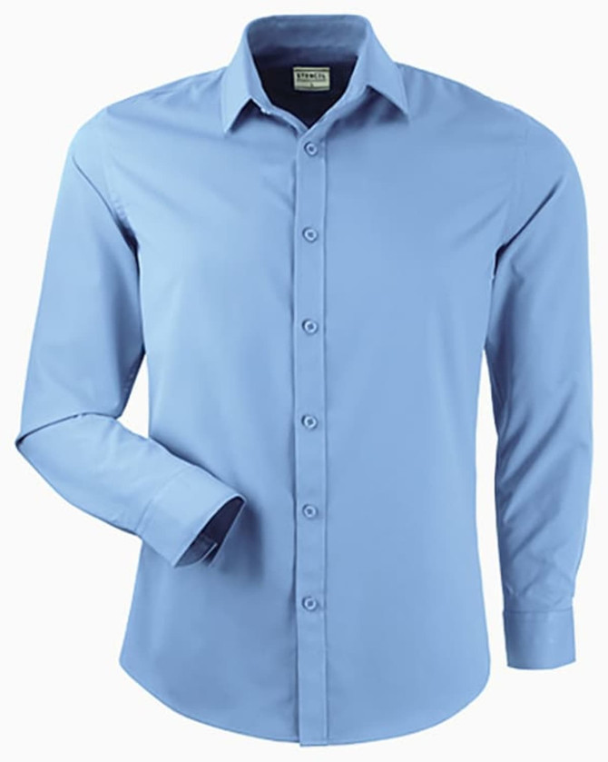 A light blue long-sleeve button-up shirt featuring a branded tag and a single sleeve rolled up.