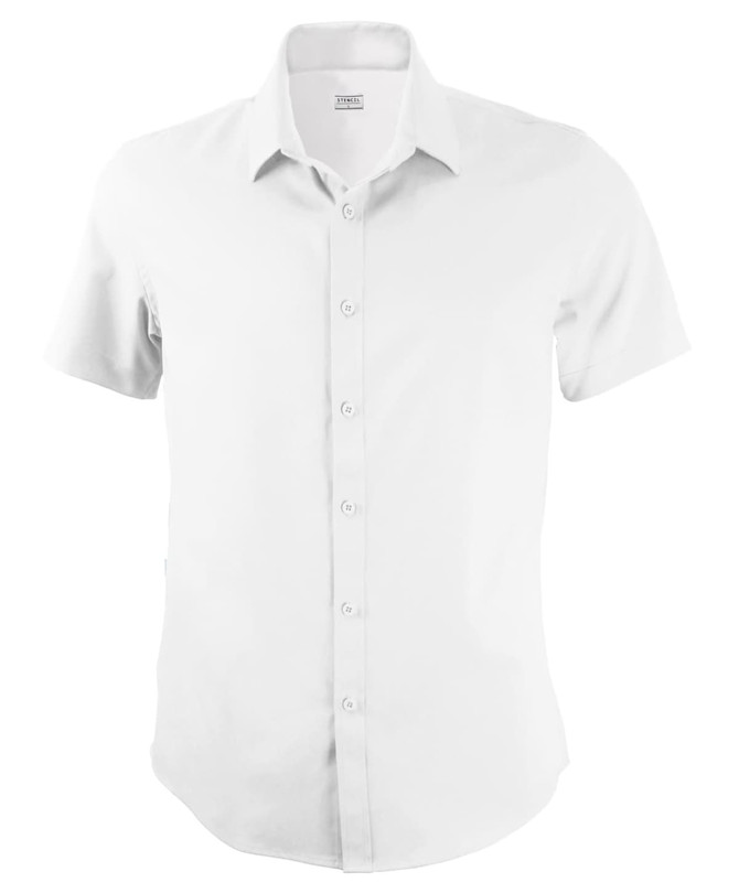 A white short-sleeve button-up shirt with a standard collar and a logo on the label.