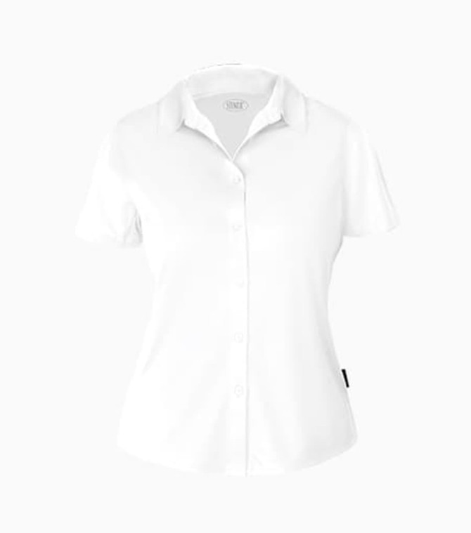 A white short-sleeve polo shirt for men, featuring a collar and a logo on the side.