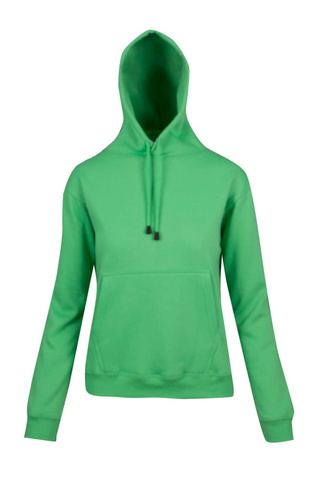 A green women's juniors kangaroo pocket hoodie with a drawstring hood and stylish fit. Features a logo.