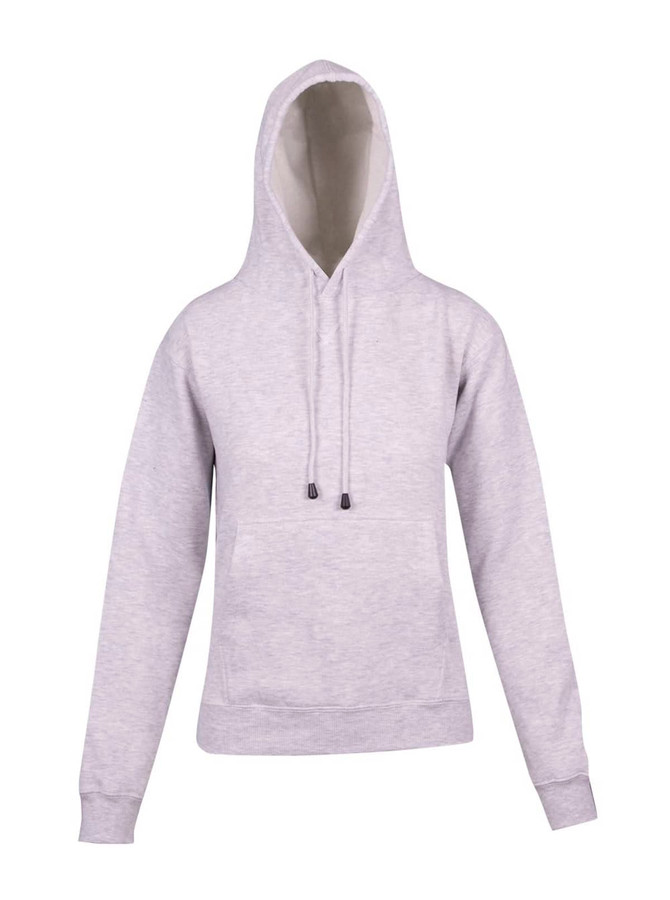 A grey kangaroo pocket hoodie featuring a drawstring hood and a front pocket. The product has an adjustable hood.