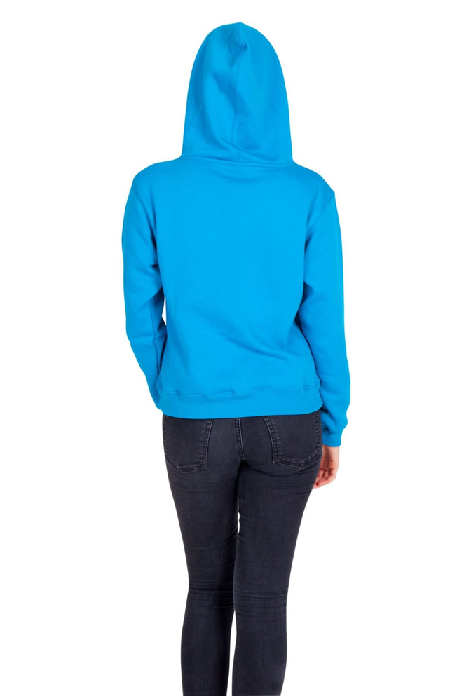 A bright blue women's hoodie with a kangaroo pocket, featuring a hood and seen from the back.