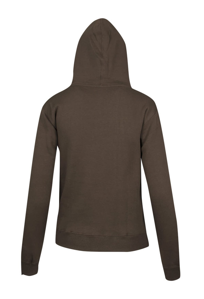 A women's junior kangaroo pocket hoodie in olive green, featuring a hood and long sleeves, with a logo present.