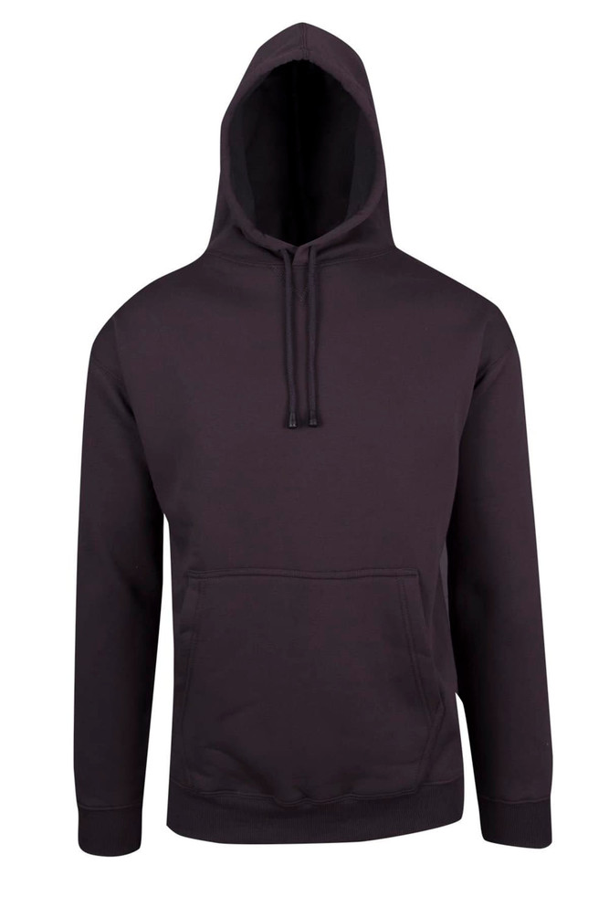 A black men's hoodie with a kangaroo pocket and a drawstring hood. It features a logo on the chest.