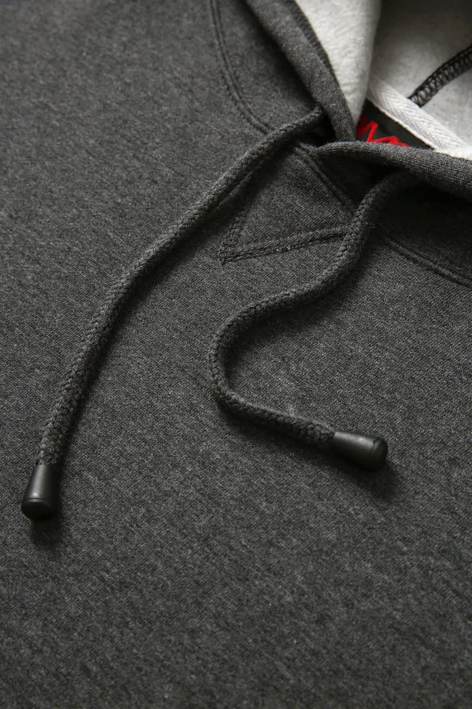 A grey men's hoodie featuring a kangaroo pocket and drawstring closure with black tips.