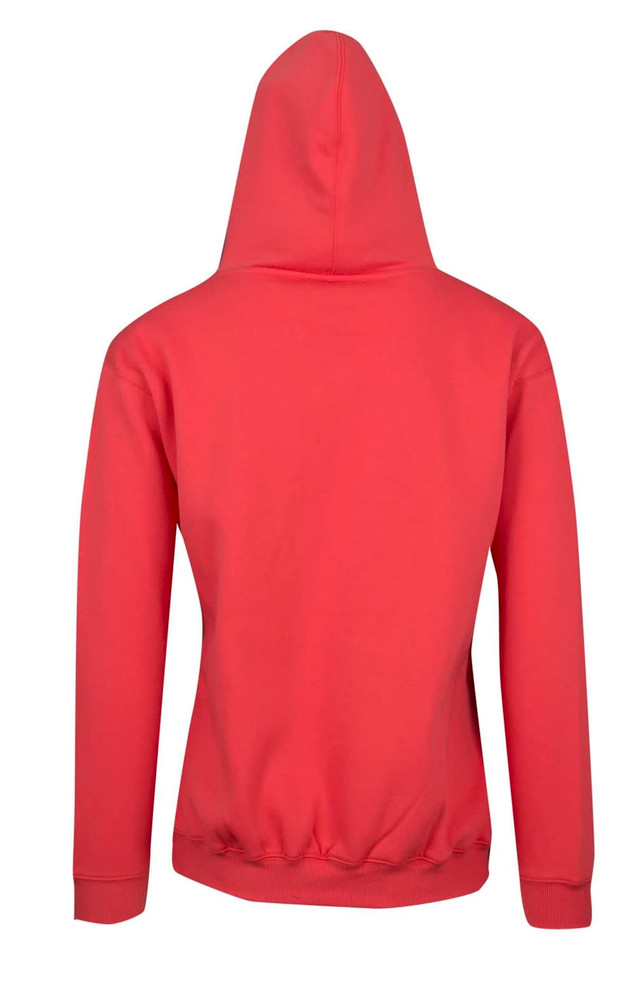 A red hoodie with a kangaroo pocket and a hood, featuring a plain design at the back.