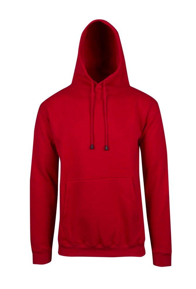 A red men's hoodie featuring a kangaroo pocket and a drawstring hood, with a logo on it.