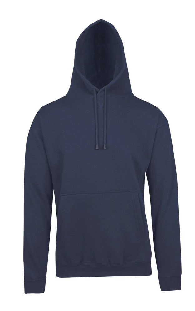 A navy blue men's hoodie featuring a kangaroo pocket and a drawstring hood. It has a logo on it.