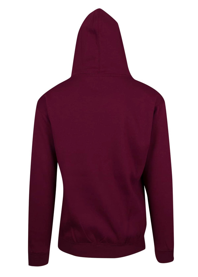 A maroon men's hoodie with a kangaroo pocket and a hood, featuring a plain design at the back.