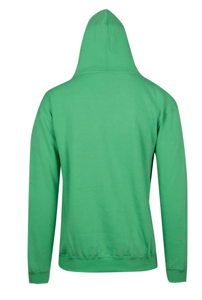 A green hoodie featuring a kangaroo pocket and a hood, with a plain back design. It includes a logo.