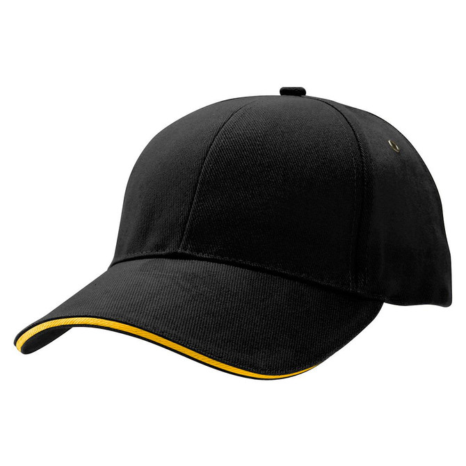 A black cap with a yellow accent along the brim and a logo on the front.