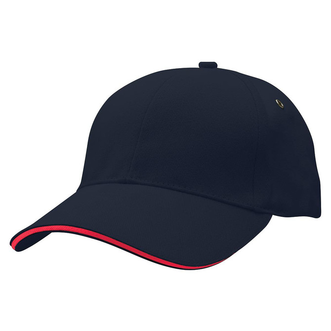 A navy cap with a red trim and a logo on the side.
